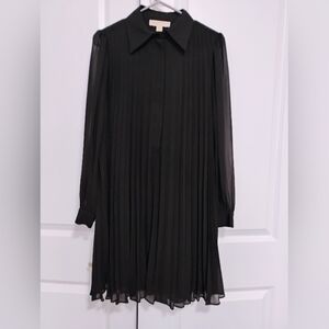 Michael Kors Black Pleated Long Sleeve Collared Dress